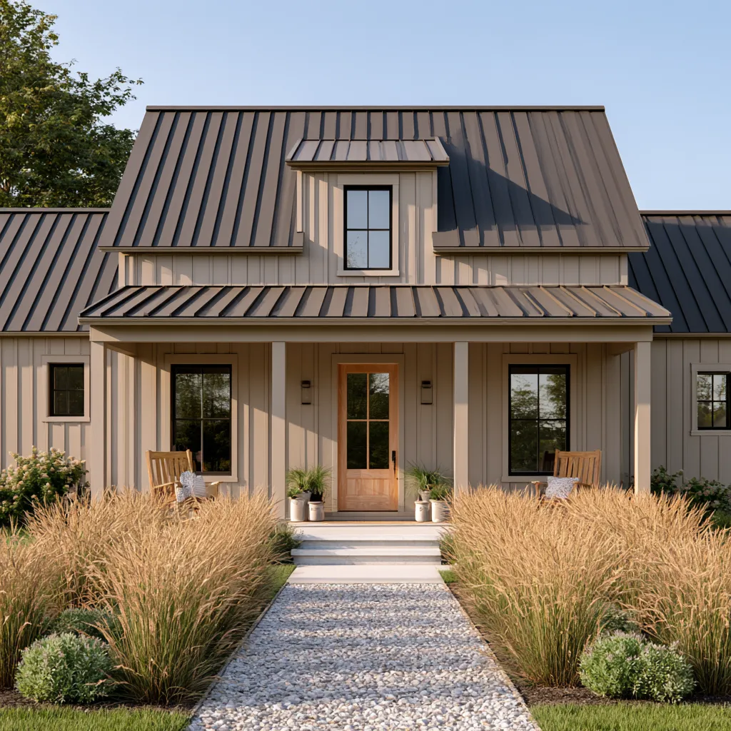 Warm greige grey home color facade with board-and-batten siding