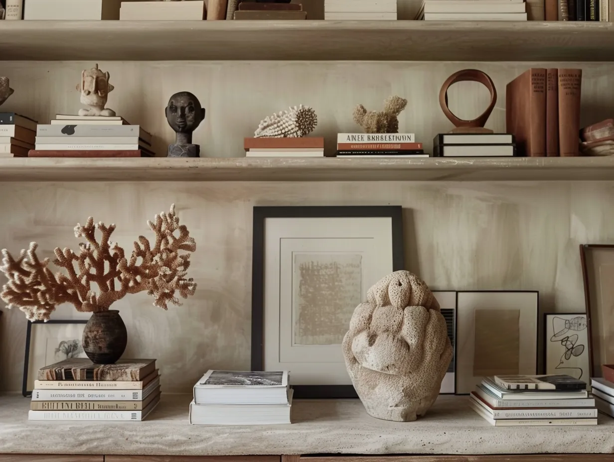 Nate Berkus style bookshelf with curated objects, mixed books, ceramic vase, and bronze sculpture in afternoon light
