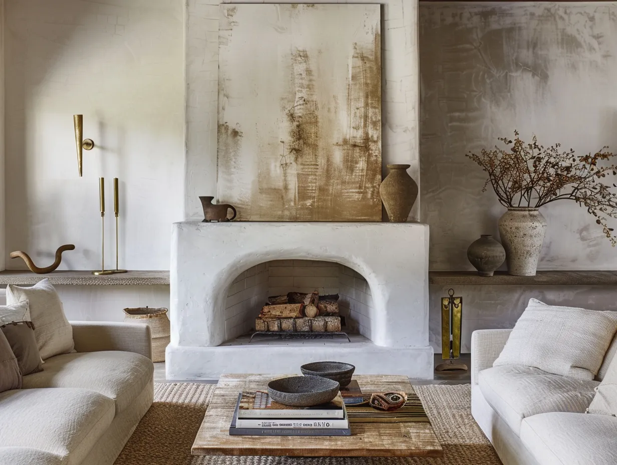 Eclectic living room fireplace in Nate Berkus aesthetic with curated mantel display and linen upholstery