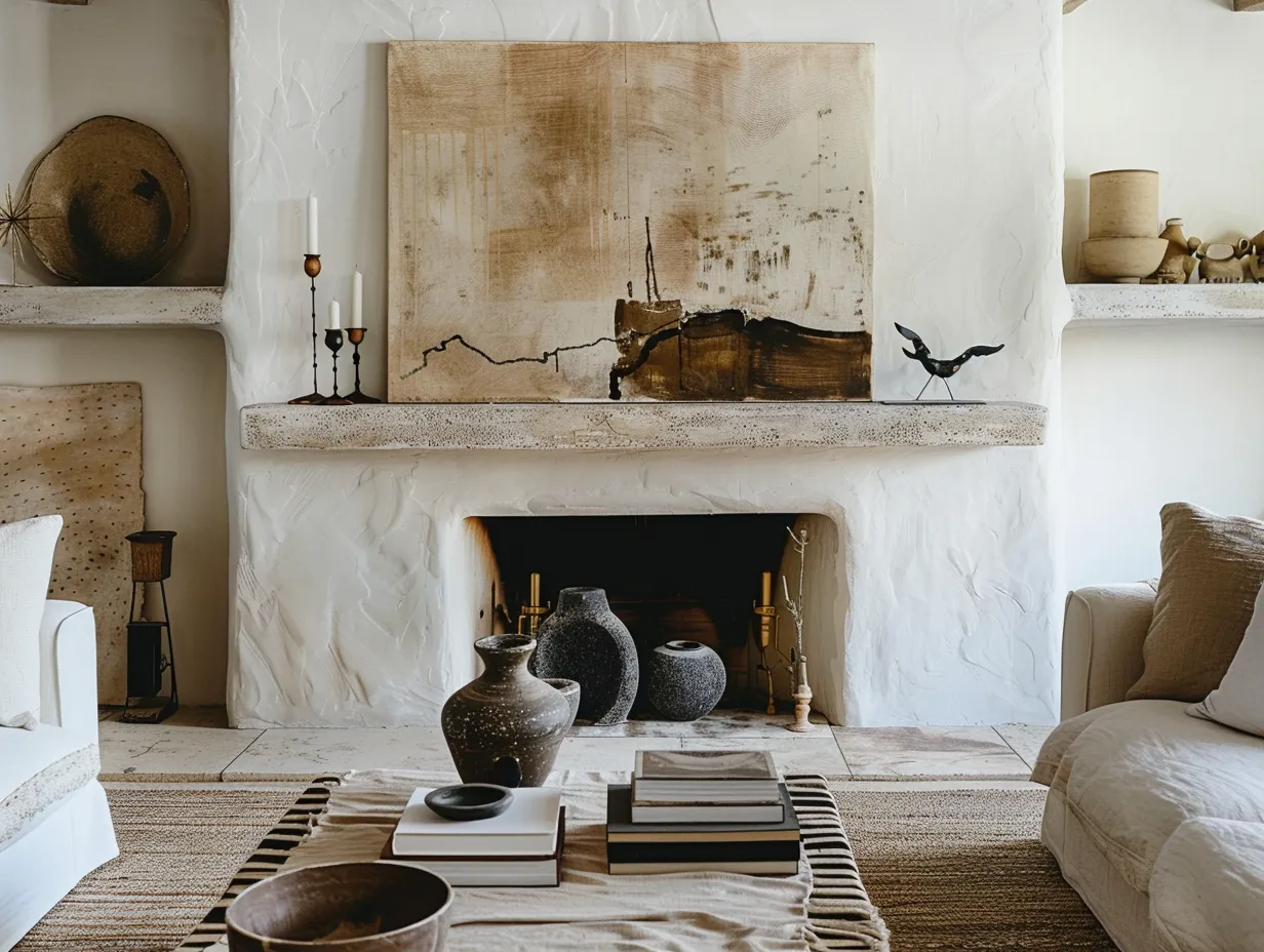 Nate Berkus living room fireplace wall with plaster surround, curated mantel objects, and neutral linen sofa