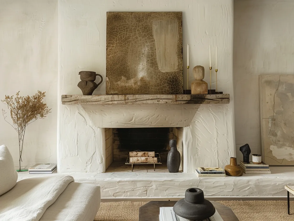 Living room fireplace ideas in Nate Berkus style with abstract painting, ceramic vase, and warm afternoon light