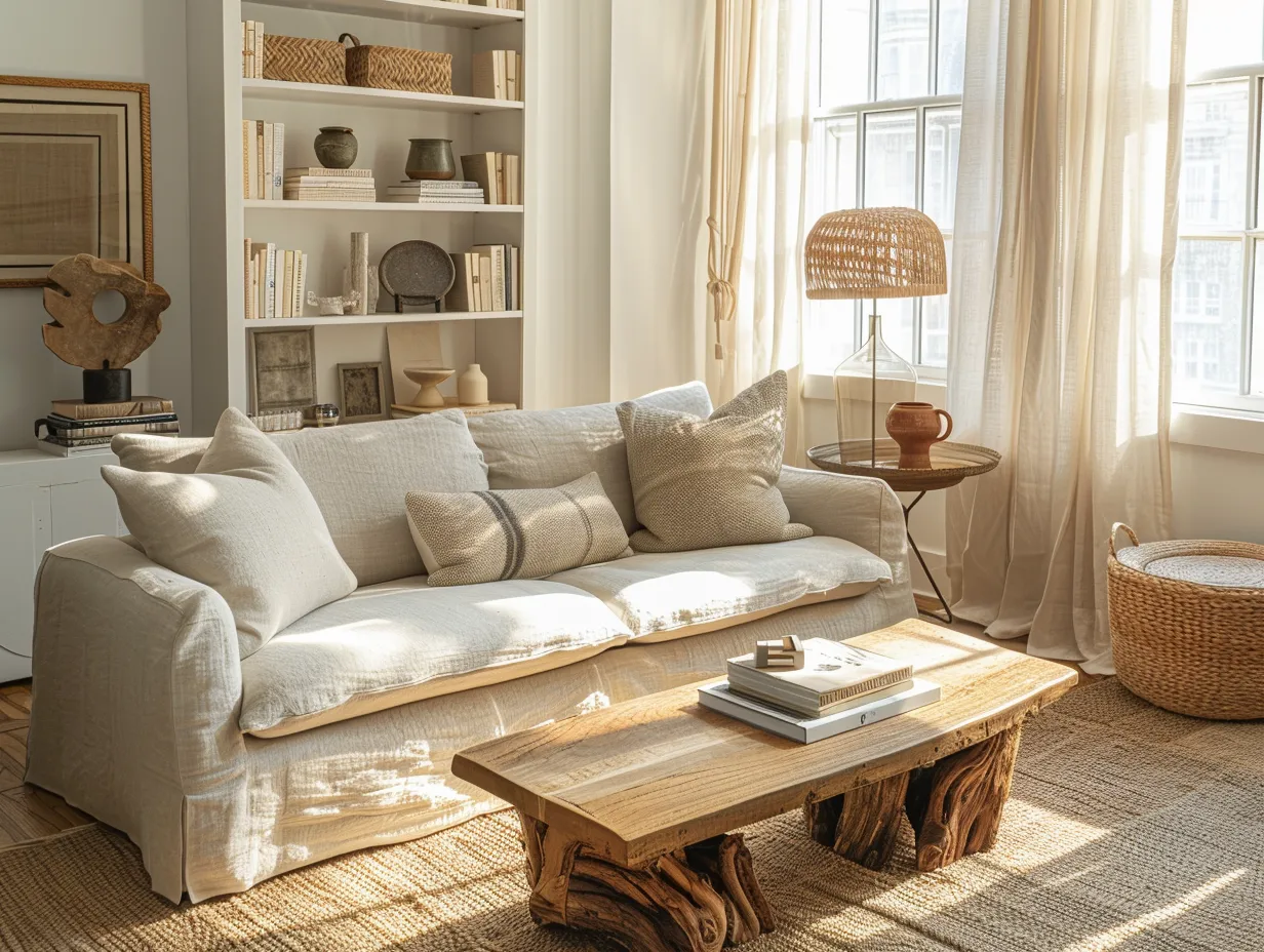 Nate Berkus living room style with layered neutral sofa, brass lamp, and curated bookshelf in warm afternoon light