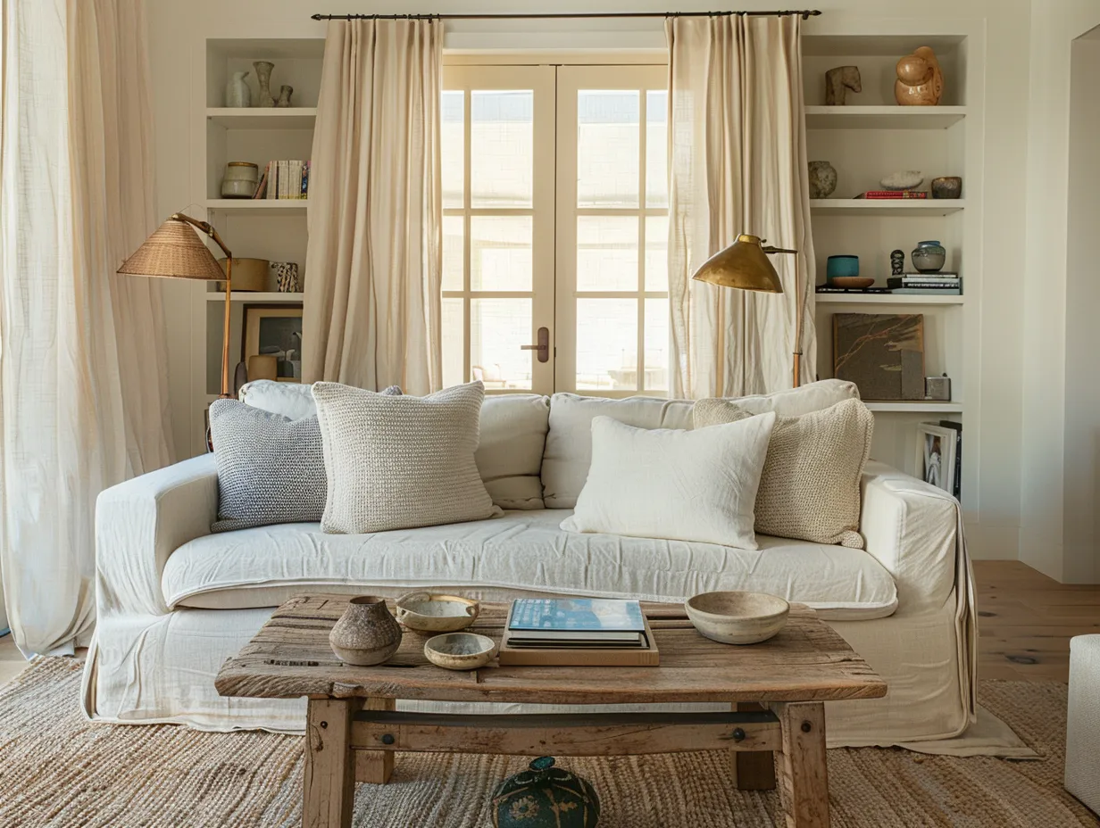 Layered living room inspired by Nate Berkus design with linen sofa, jute rug, and antique objects
