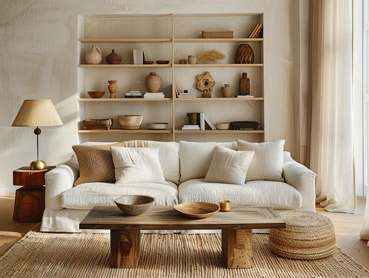 Warm eclectic living room in Nate Berkus aesthetic with natural wood, ivory walls, and mixed textiles