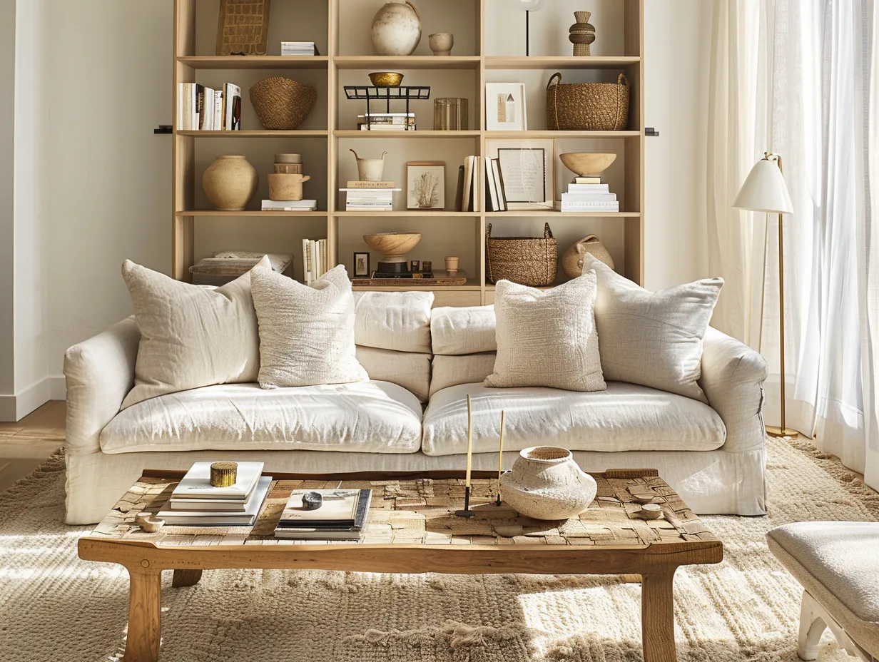 Nate Berkus inspired living room ideas featuring warm neutrals, curated accessories, and limewash walls