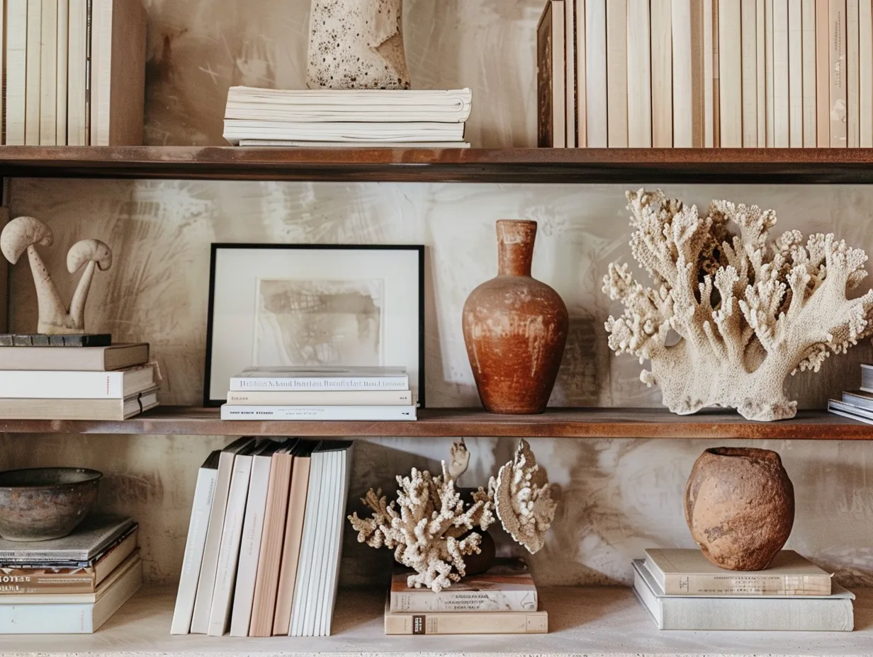 Living room shelf styling inspired by Nate Berkus with art books, natural coral, and framed photography