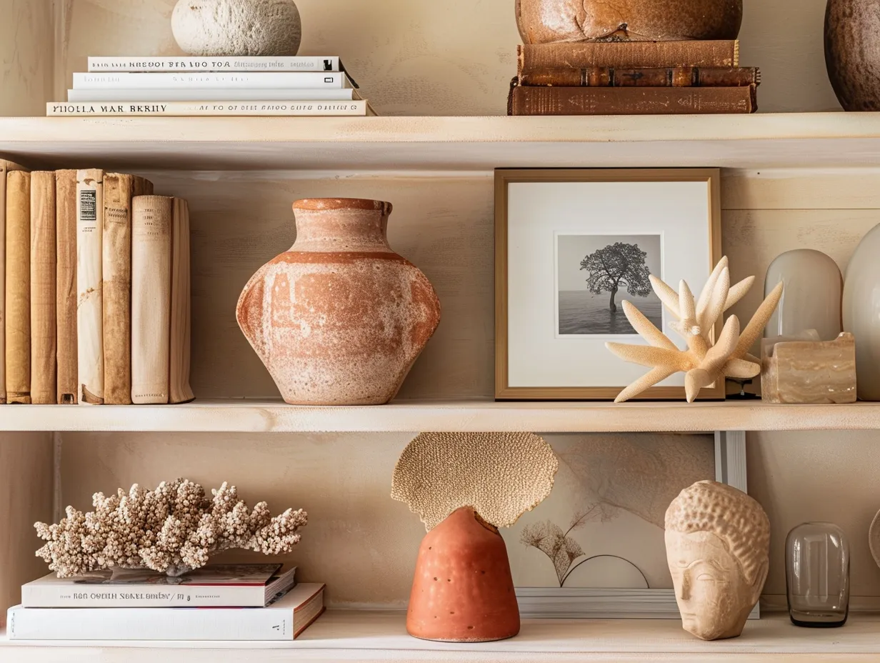 Nate Berkus living room shelf ideas with odd-number object groupings, warm ivory walls, and terracotta ceramics