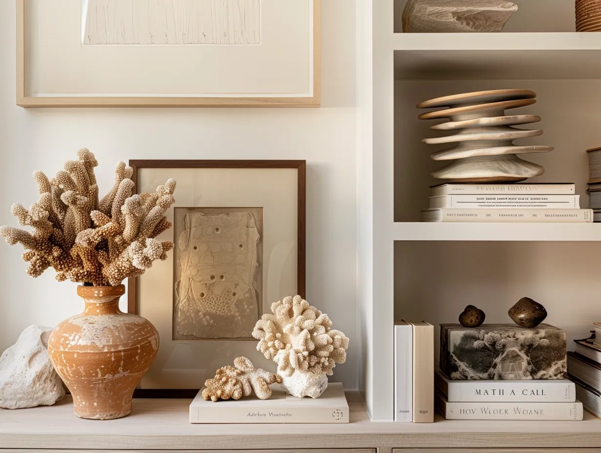 Curated bookshelf in Nate Berkus aesthetic with natural objects, horizontal book stacks, and editorial lighting