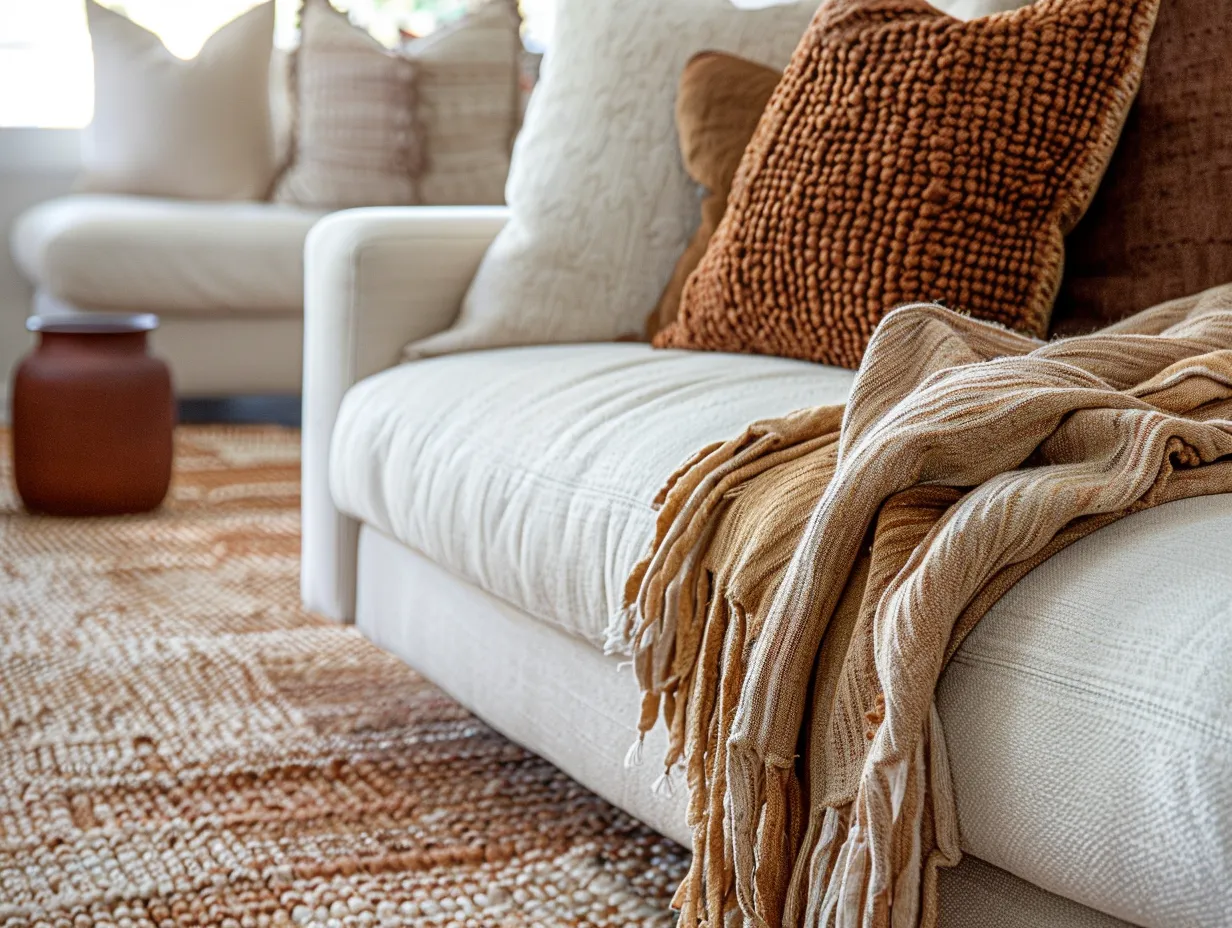 Layered rugs and mixed textiles in a Nate Berkus style living room with linen sofa and walnut side table