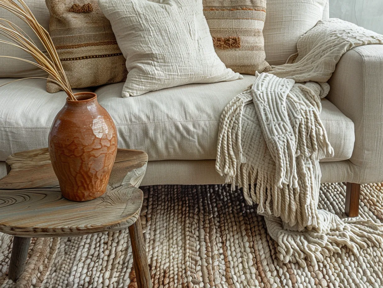 Textile layering in a neutral living room inspired by Nate Berkus design aesthetic
