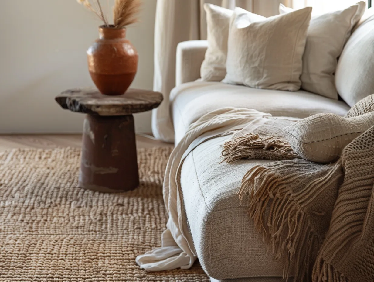 Nate Berkus living room ideas showing mixed textures with wool rug, linen cushions, and warm afternoon light