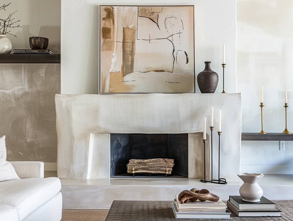 Nate Berkus inspired fireplace feature wall with brass candleholders, jute rug, and white plaster surround