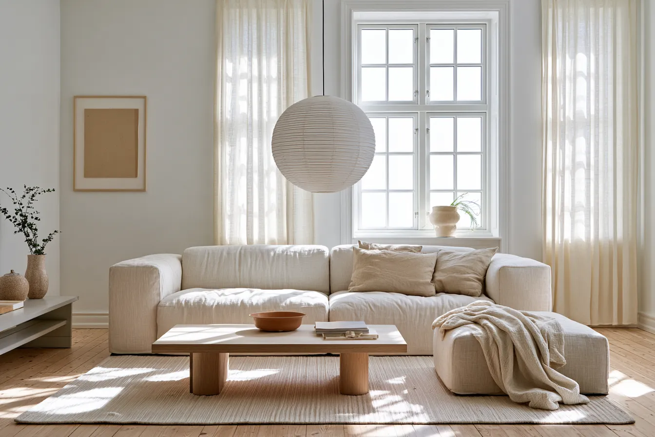 Scandinavian style living room with white walls, oak floor, and linen sofa in natural light