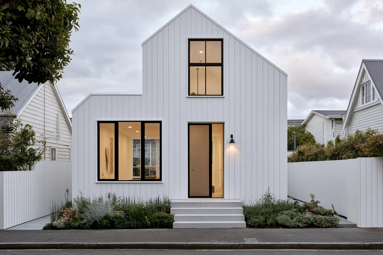 Nordic residential architecture featuring minimalist facade, pitched roof, and triple-glazed windows