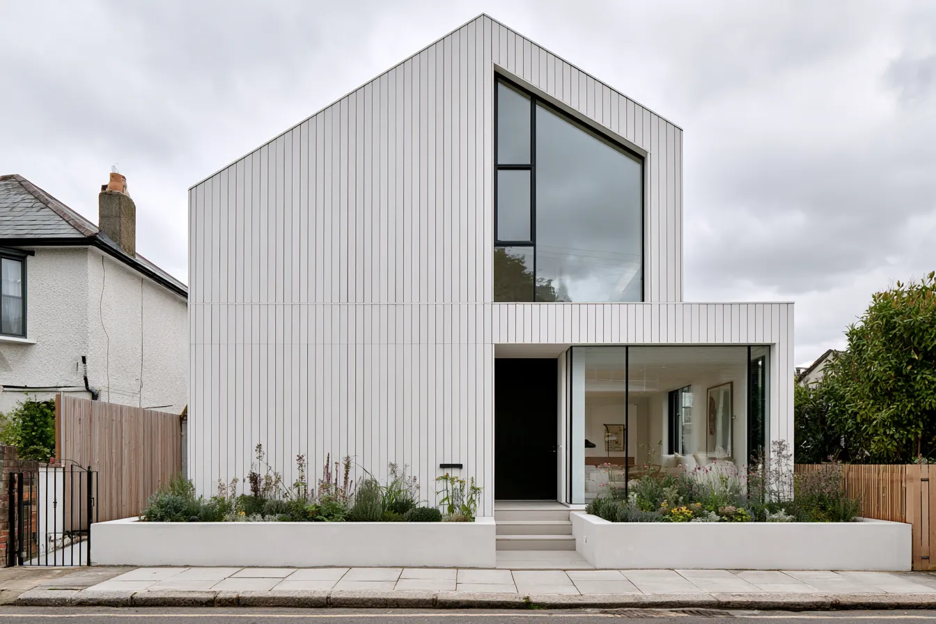 Scandi style home exterior with white painted wood, clean lines, and overcast daylight