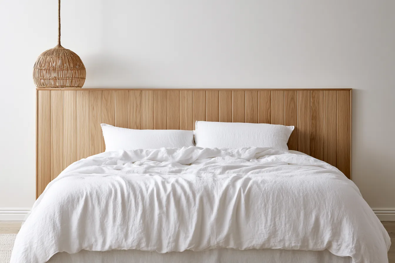 Nordic bedroom interior design featuring minimal decor, rattan lamp, and warm wood tones