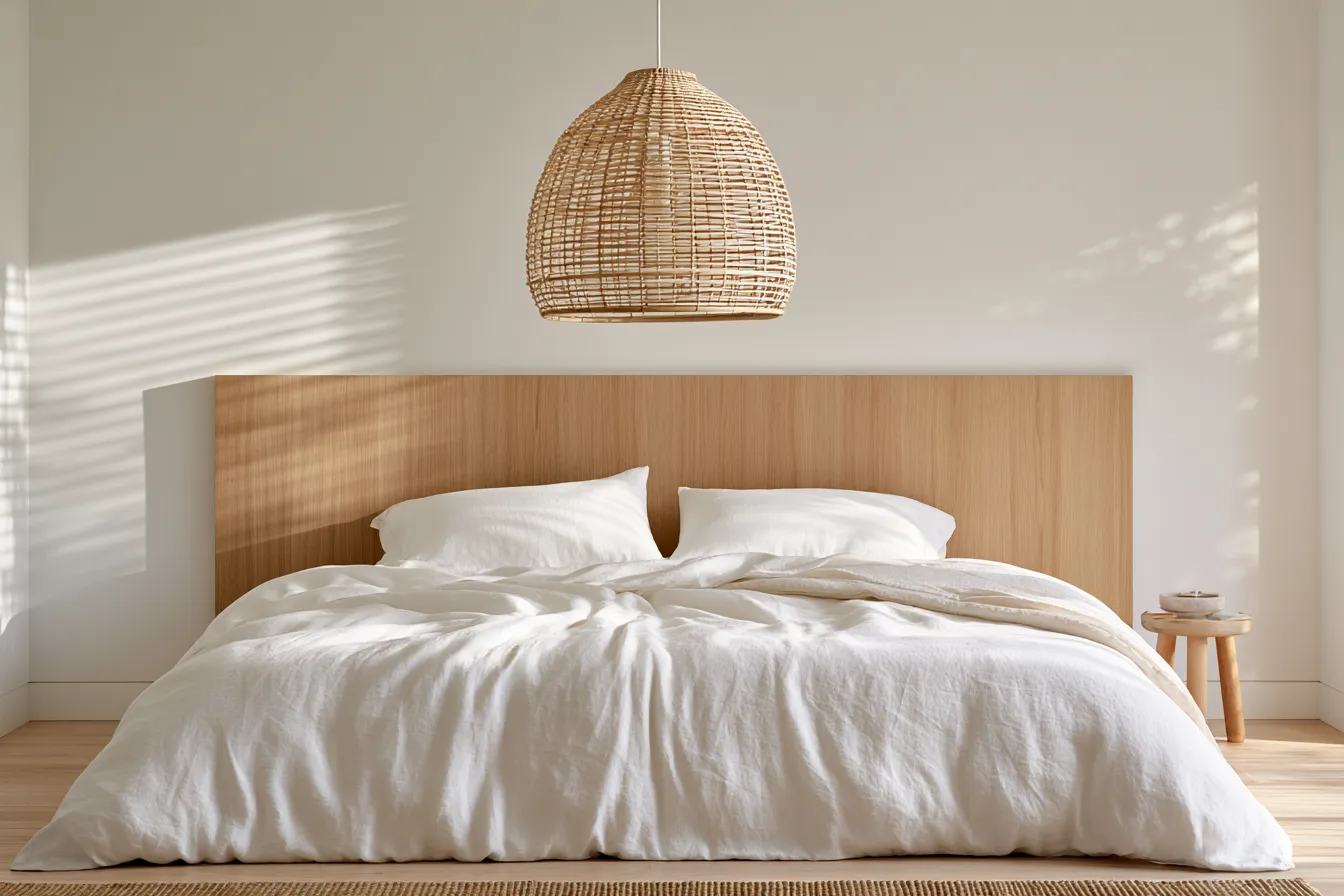 Scandi bedroom with white walls, natural materials, and hygge atmosphere