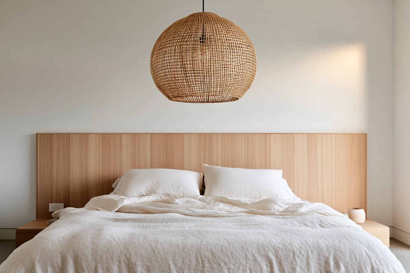 Modern Scandinavian bedroom design with panel wall, pendant lamp, and linen textiles