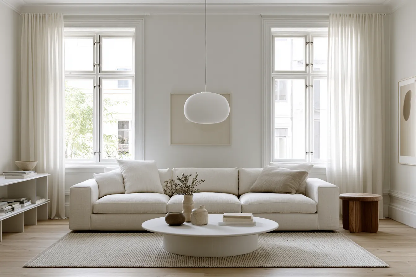 Nordic interior design living room featuring minimalist furniture and warm wood flooring