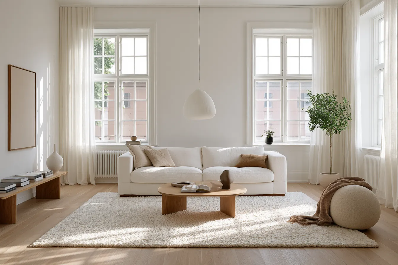 Scandi style home interior with clean lines, pendant light, and sheer window curtains