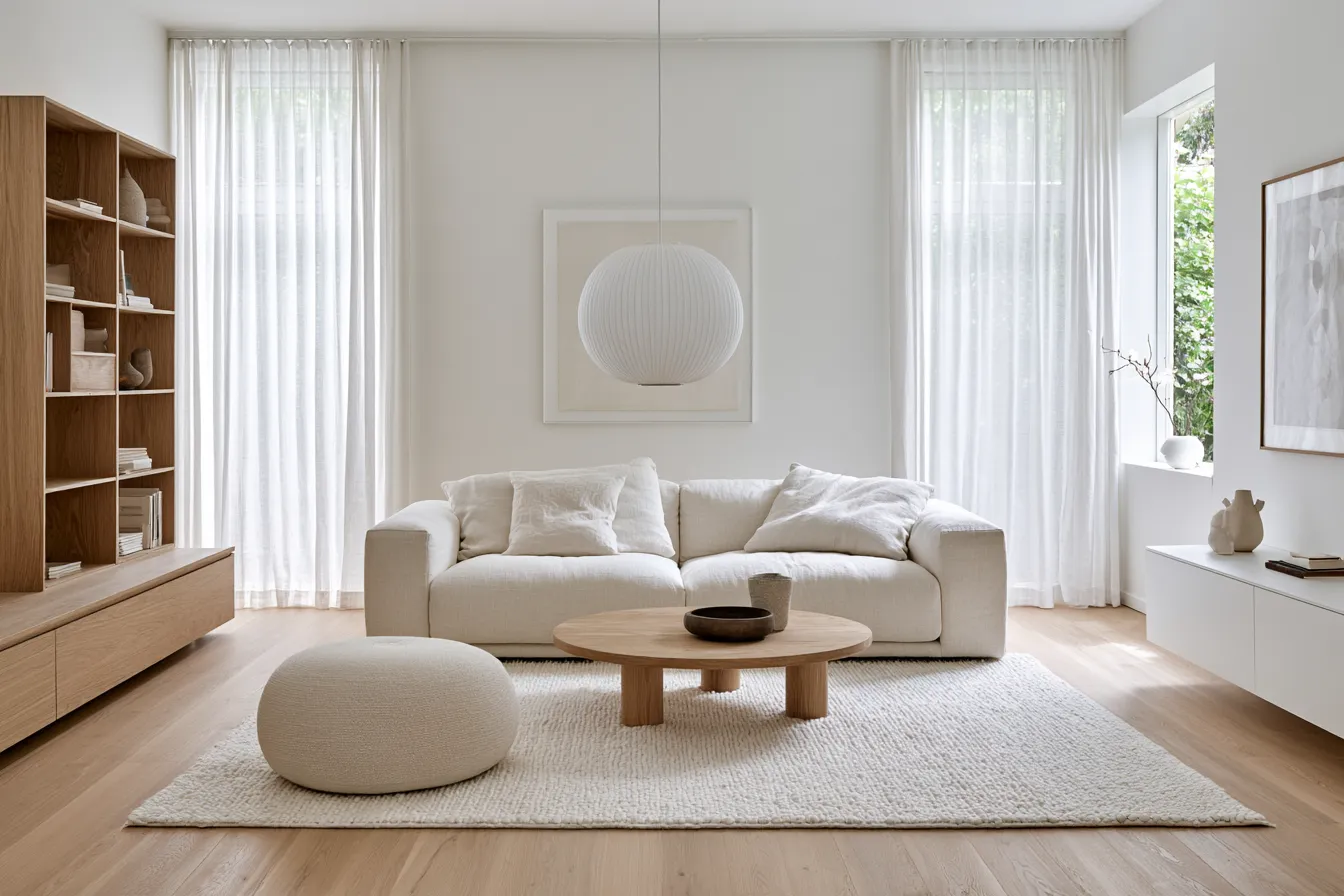 Hygge Scandinavian living room with minimal decor and soft northern daylight