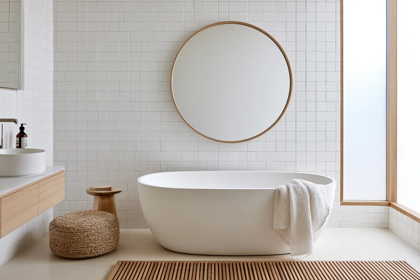 Scandi bathroom interior with circular wood mirror, white walls, and clean lines