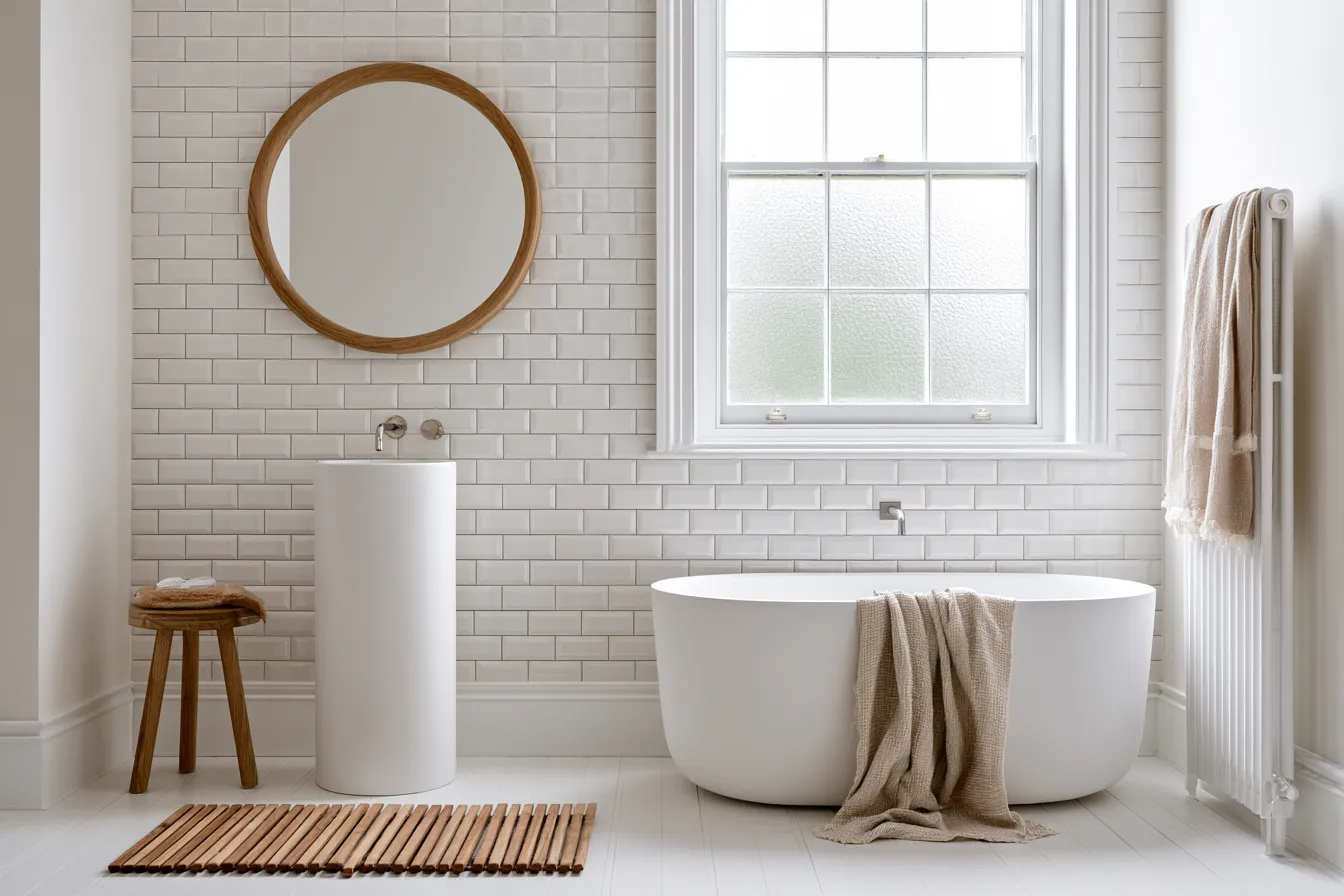 Hygge bathroom design in Scandinavian style with matte surfaces and warm wood accents