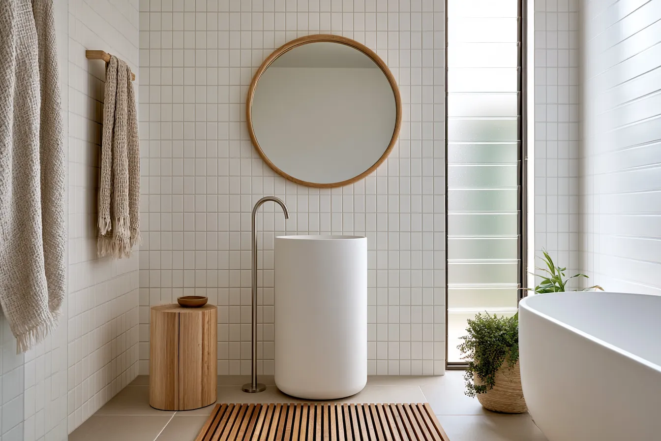 Scandinavian style bathroom with matte white tiles, oak mirror, and teak bath mat