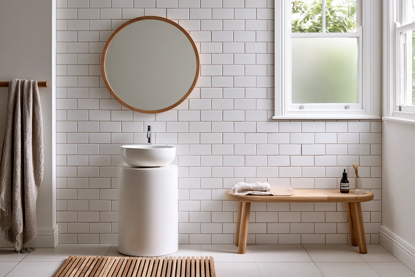 Nordic bathroom design featuring minimalist fixtures, ceramic sink, and natural light