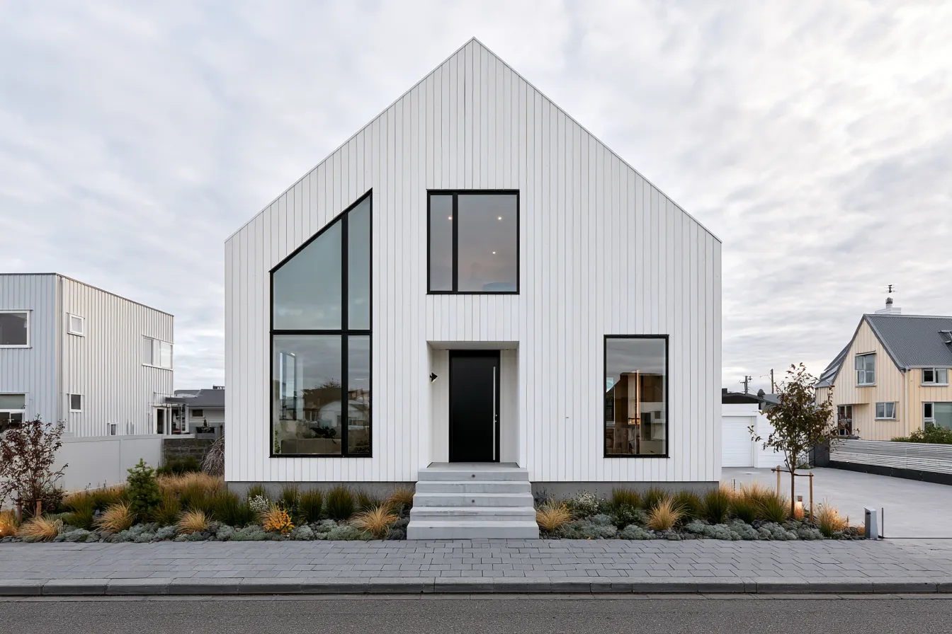 Modern Scandinavian house design with simple roof, natural materials, and minimal entrance detail