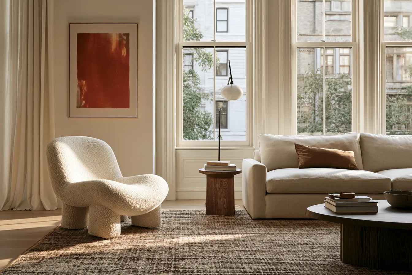 living room accent chair placement next to sofa editorial photo