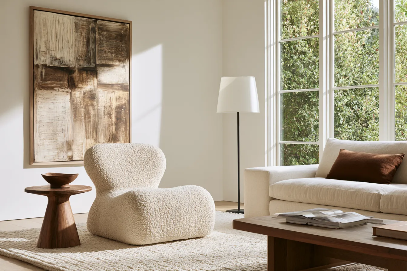 boucle accent chair ideas for neutral living room with linen sofa