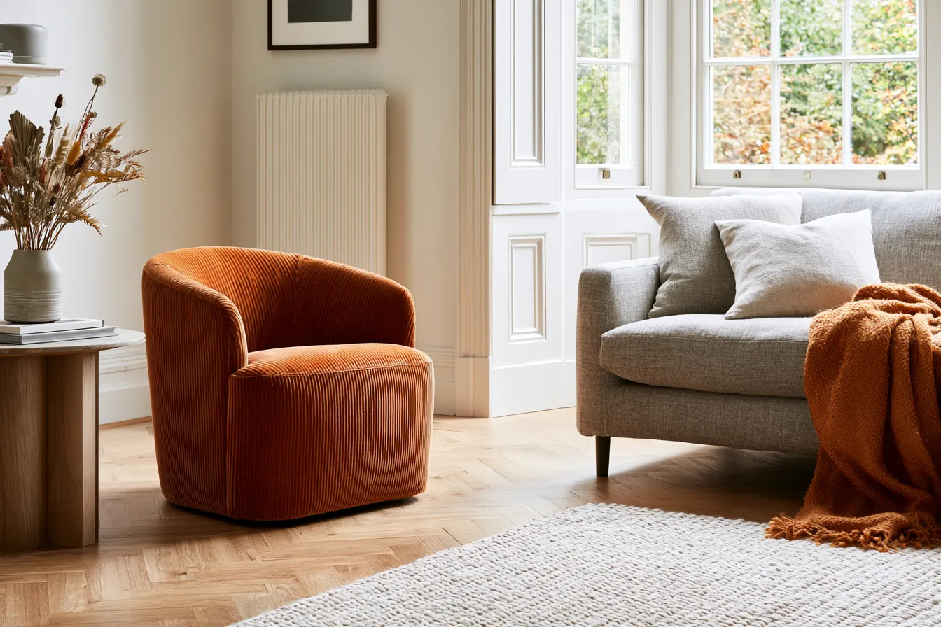 barrel accent chair living room terracotta velvet Scandi style