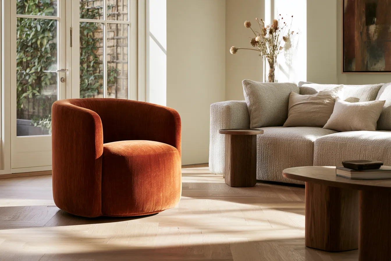 living room accent chair ideas terracotta velvet natural light
