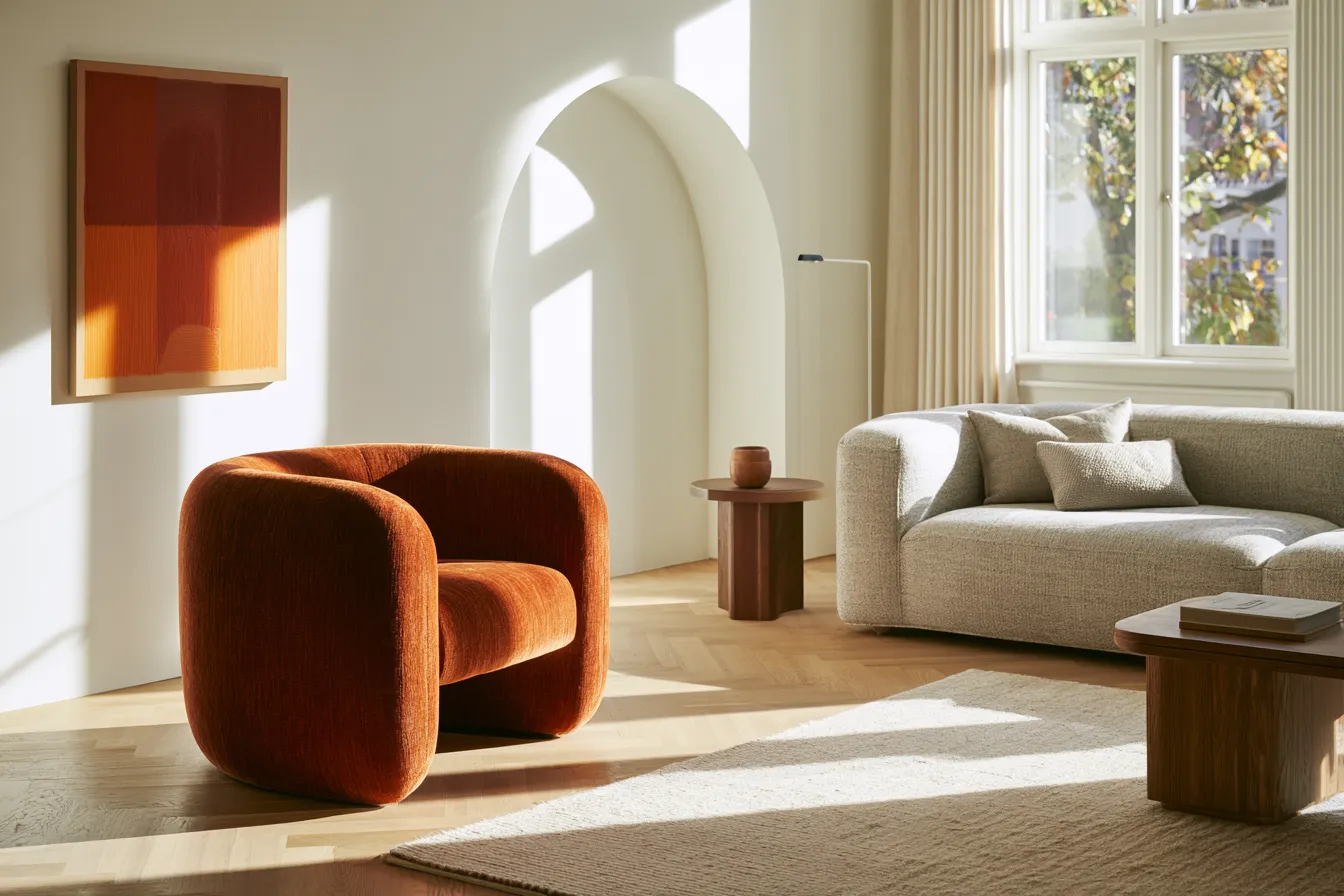 terracotta accent chair ideas for living room beside grey sofa