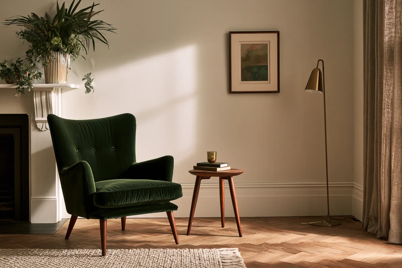 forest green accent chair for living room beside white fireplace