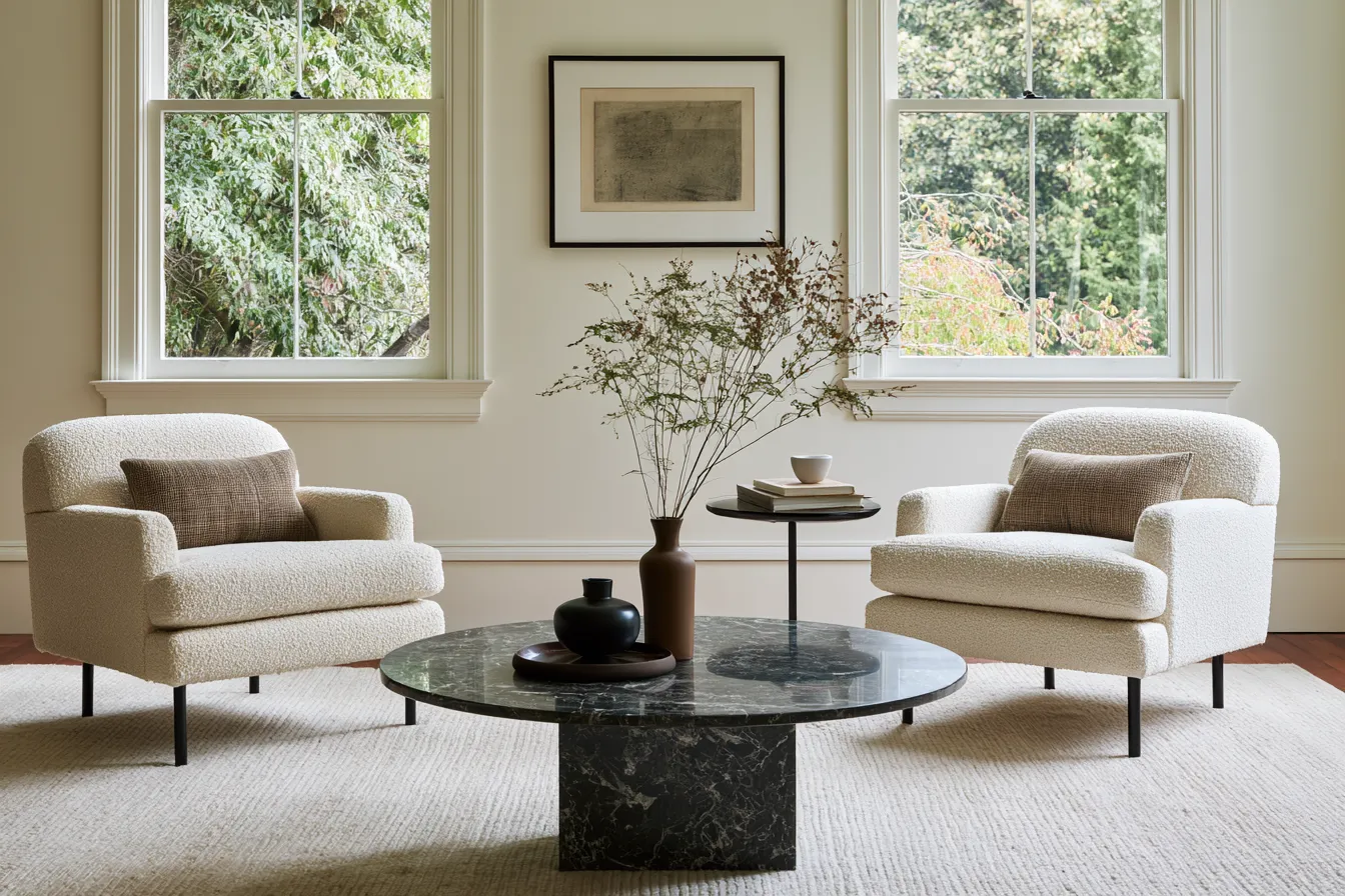 two boucle accent chairs flanking coffee table living room ideas