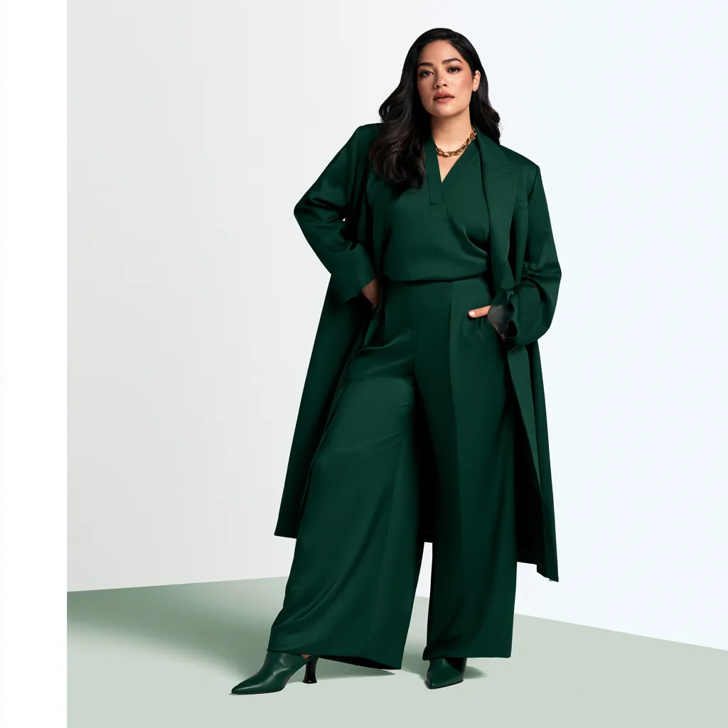 apple shaped figure monochrome outfit forest green longline blazer wide leg trousers editorial