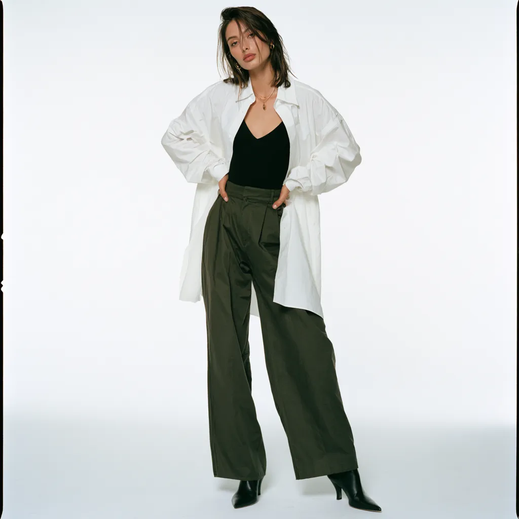 apple shape outfit ideas white open button-up over black camisole wide leg trousers ankle boots