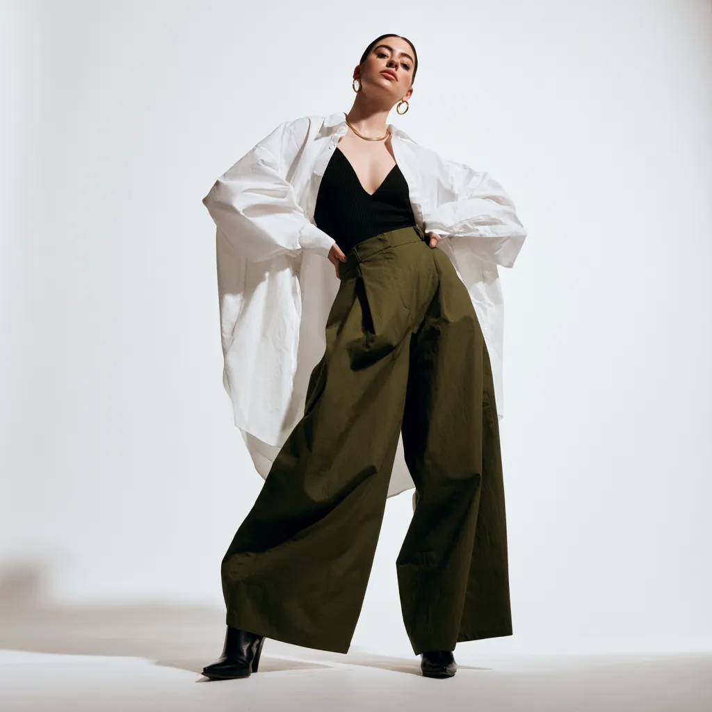 outfits for apple shaped body type oversized shirt layered camisole wide leg pants editorial