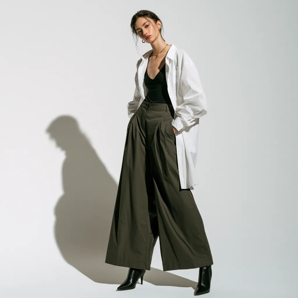 apple body shape fashion idea open shirt layer fitted cami olive wide trousers black boots
