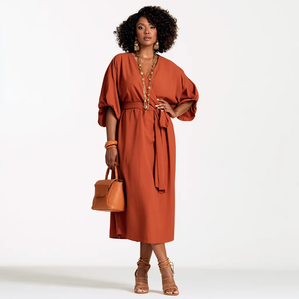 accessories for apple shaped body outfit wrap dress long pendant necklace gold earrings sandals
