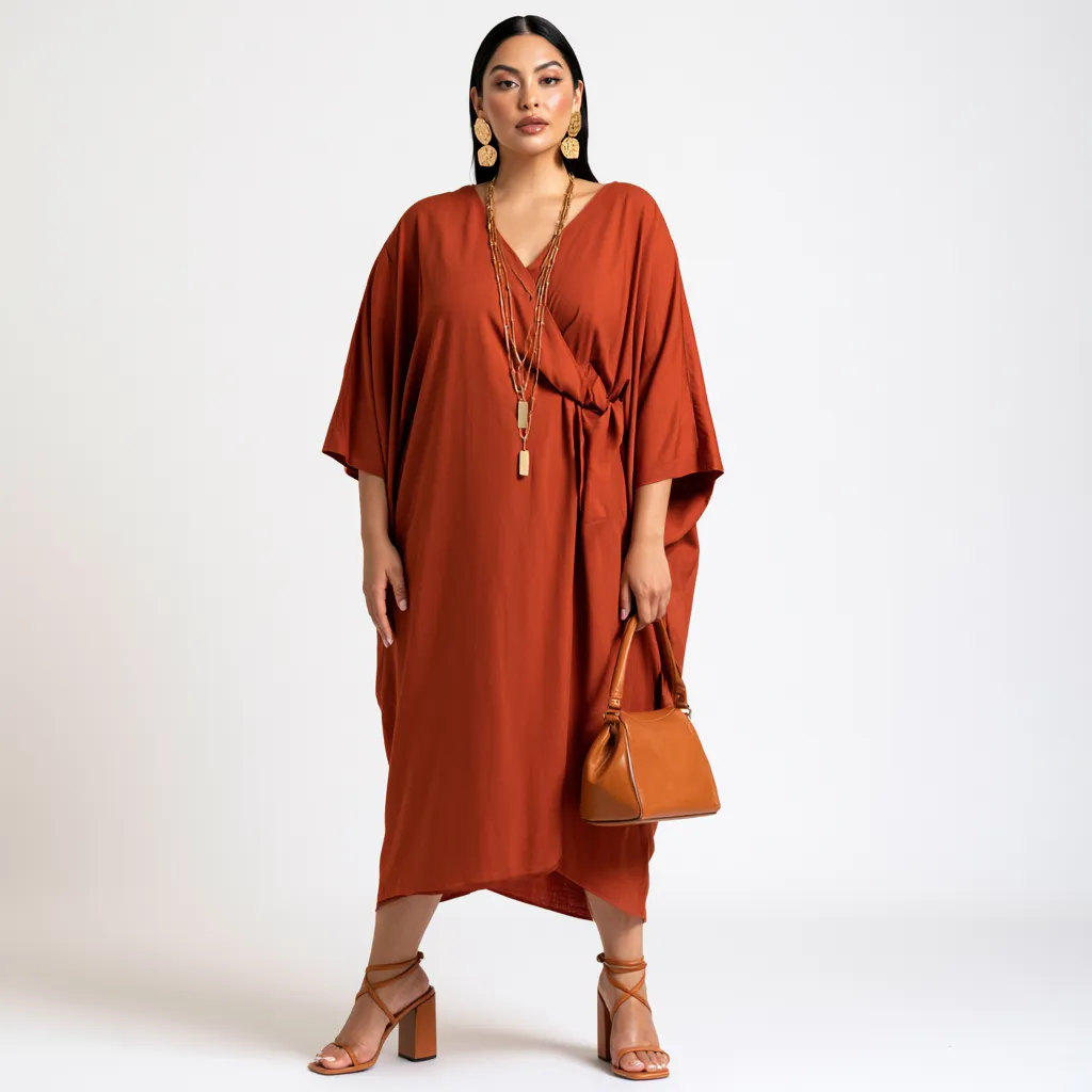 apple shaped figure outfit idea wrap midi dress terracotta layered necklace tan block heel