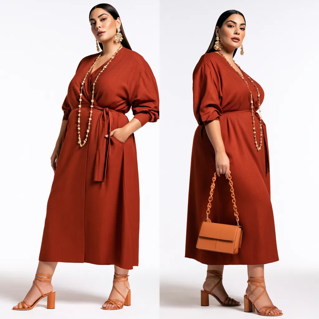 apple shaped body outfit ideas V-neck wrap midi terracotta pendant necklace tan sandals earrings