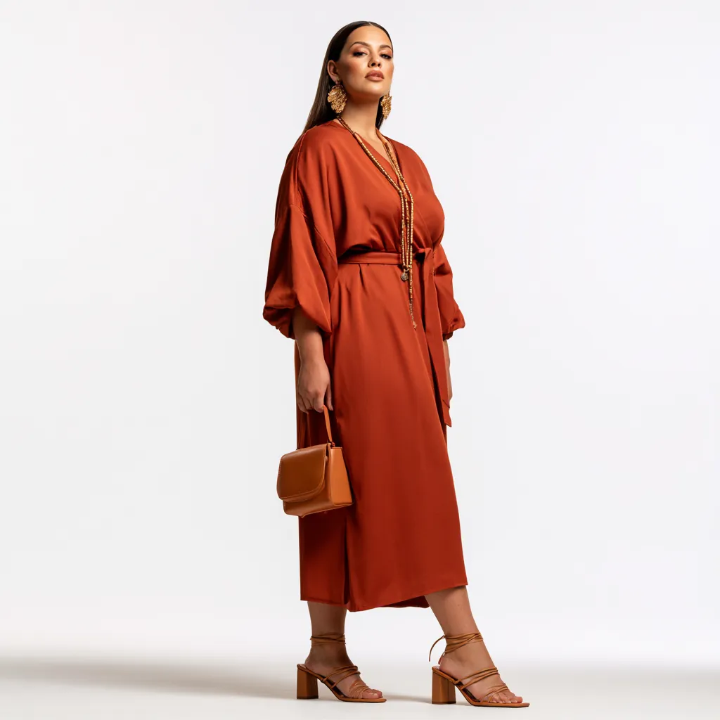 apple body shape outfit wrap dress terracotta pendant layered necklace block heel bag editorial