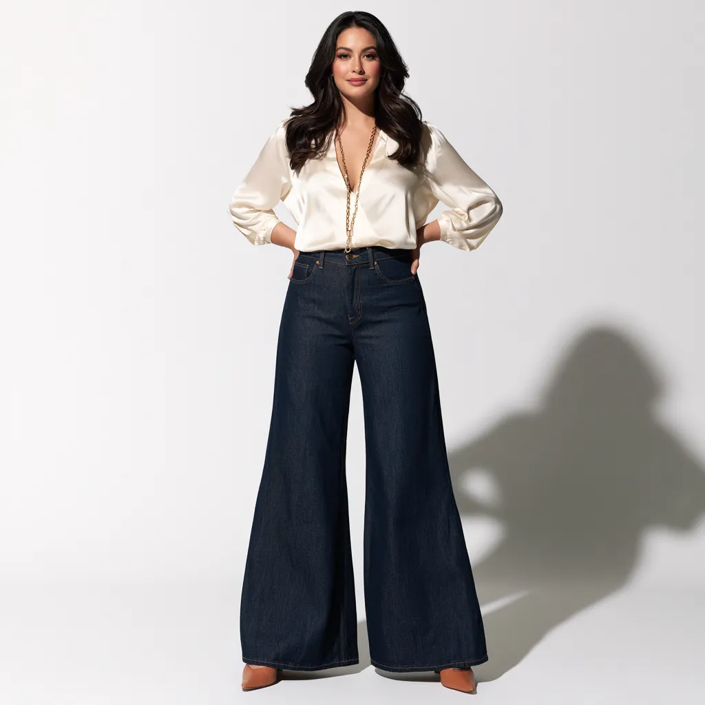 outfits for apple shaped body wide leg dark jeans silk blouse gold chain pointed mules editorial