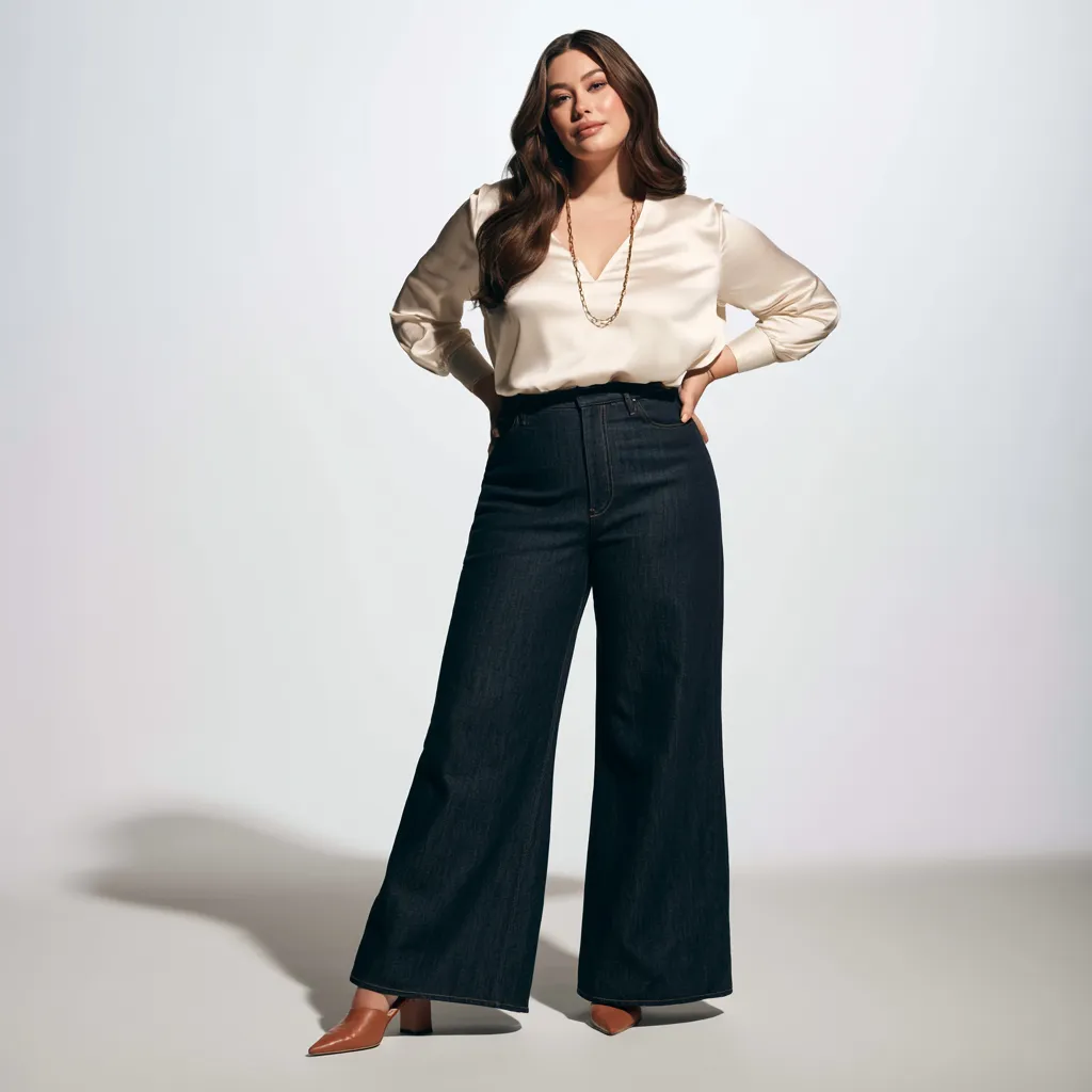 apple shaped figure outfit flared high waist jeans fitted V-neck blouse chain necklace fashion
