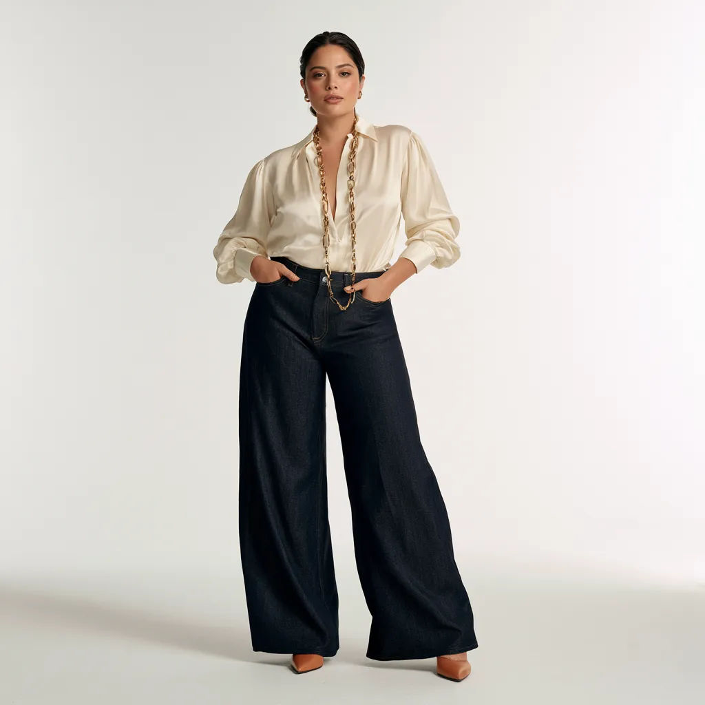 apple body outfit idea dark flared jeans ivory blouse half tuck camel mules standing model