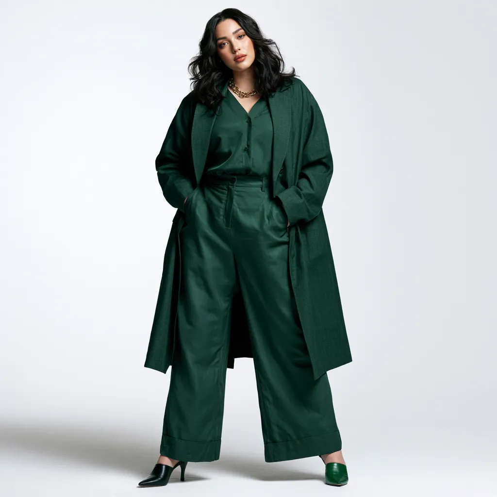 apple body shape outfit ideas all green monochrome blazer blouse wide trousers standing