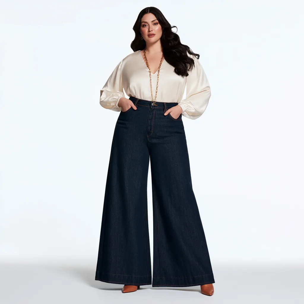 apple shaped body outfit ideas high waist wide leg flared jeans V-neck ivory blouse camel mules